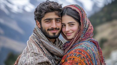 Smiling couple wrapped in shawls against a mountain backdrop, exuding togetherness, AI generated