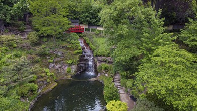 Amazing aerial view in Japanese garden in Kaiserslautern and red maple trees, Late May in Palatine