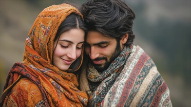 A serene couple wrapped in colorful shawls, their heads close, embodying affection, AI generated