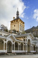 Castle Tower and Market Colonnade in the historical center of Karlovy Vary, Czech republic