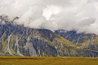 Mount Cook Range under heavy clouds, Aoraki, South Island, New Zealand, Oceania