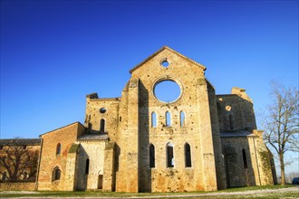 Photo shoot of the famous roofless church of San Galgano in the lands near Siena Italy