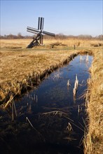 Paaltjasker windmill in a harvest reedfield in nature reserve and national park Weerribben-Wieden