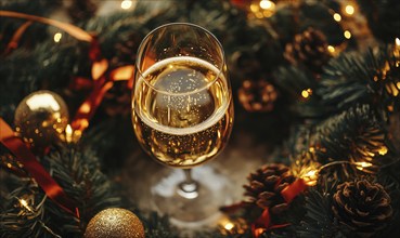 A glass of wine is sitting on a wreath of pinecones and ornaments. The scene is festive and cozy,