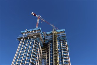 Madrid, Spain, February 14, 2021: Low angle view of Colon Towers under renovation. Nearly Zero