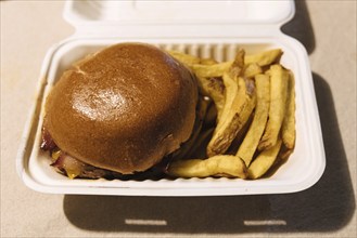 Hamburger and fries in a food delivery wrapper. Close-up