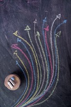 Curved colored arrows drawn with chalk on blackboard