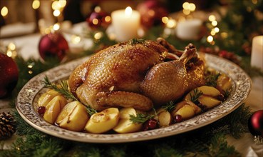 A large roasted turkey is surrounded by potatoes and other vegetables on a white plate. Concept of