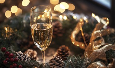 A glass of champagne is sitting on a wreath of pinecones and other Christmas decorations. The scene