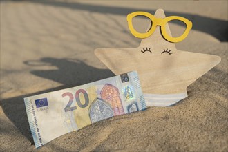 Money 20 euros bills in sandy beach with starfish. Concept finance saving money for holiday