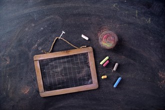 Presentation of small antique school blackboards of the past with chalk and selvedge