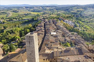 Via San Giovanni and the surrounding Tuscan countryside photographed from the Torre Grossa, San