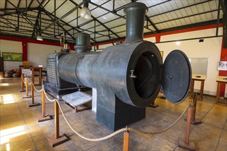 English steam locomotive, 1925, used as a boiler on the Bois Cheri tea plantation, Indian Ocean,