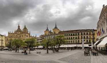 Segovia, Spain, 7 April, 2024: view of the Cathedral of Segovia and the Plaza Mayor square in the