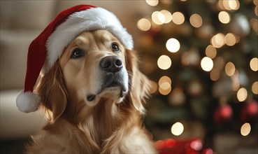 A dog wearing a Santa hat is standing in front of a Christmas tree. The dog appears to be looking