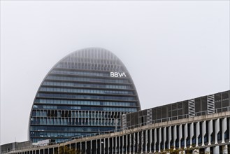 Madrid, Spain, December 8, 2019 BBVA headquarters a foggy day, Europe