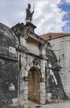 North Town Gate with statue of patron of Trogir town, St. John, Croatia, Europe