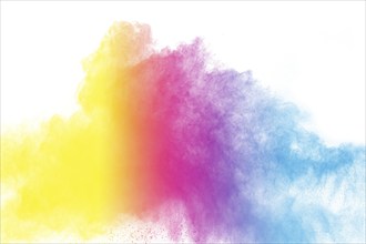 Abstract color powder explosion on white background.Freeze motion of dust splash. Painted Holi in