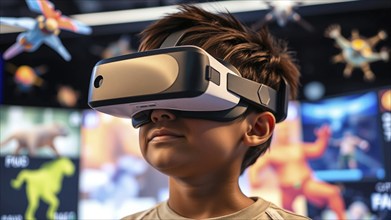 A young person immersed in a virtual reality experience wears a VR headset and is surrounded by