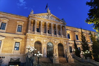 Madrid, Spain, August 31, 2021: National Library of Spain illuminated at night-time, Europe