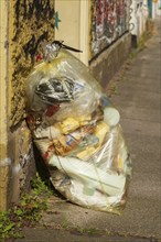 Yellow bag for plastic waste standing on the Bürgergsteig, waste separation, Germany, Europe