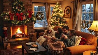 A warm, inviting living room decorated for the holidays, with a crackling fireplace and a