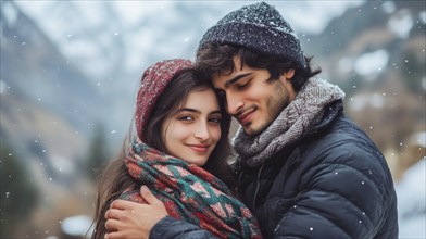 Smiling couple hugging in snowy landscape with snowflakes falling lightly, AI generated