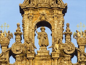 Sculpture of St. James the Apostle on top of the Western facade of the cathedral, Santiago de