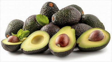 Dark-skinned avocados and sliced ones with visible seeds and mint leaves adding contrast, AI