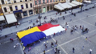 05-21-2023 Wroclaw, Poland Rally in Wroclaw in support of Ukraine with big flags of Poland and