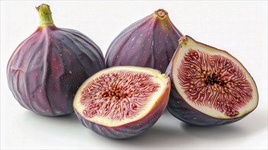 Ripe purple figs displayed whole and sliced, displaying intricate texture, AI generated