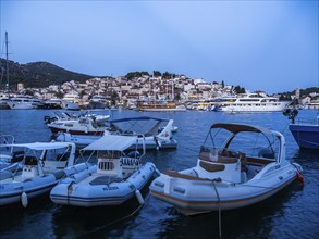 Boats in the harbour, blue hour, town of Hvar, island of Hvar, Dalmatia, Croatia, Europe