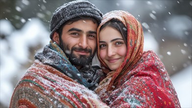 Happy couple in a snowy environment, wrapped in bright shawls, exuding joy and warmth, AI generated