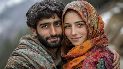 A smiling couple wearing shawls, standing closely together, radiating happiness and warmth, AI