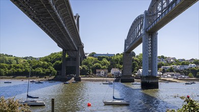 Saltash, Cornwall, England, UK, May 27, 2022: The Tamar Bridge and the Royal Albert Bridge