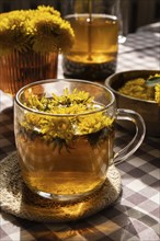 Dandelion flower healthy tea in glass teapot and glass cup on table. Delicious herbal tea from