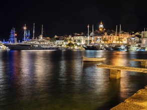 Ships in the harbour, night shot, Korcula, Korcula Island, Dalmatia, Croatia, Europe