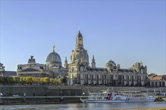 View of Bruhl Terrace from the other side of the Elbe river, Dresden, Saxony, Germany, Europe