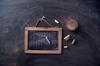 Presentation of small antique school blackboards of the past with chalk and selvedge