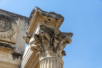 Roman Temple of Diana in Merida, Spain. Columns with capital in Corinthian style