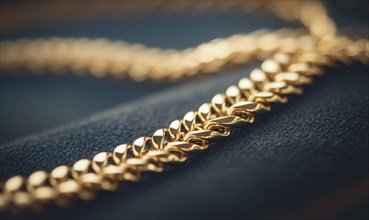 A gold chain necklace with a gold clasp. The necklace is on a black surface AI generated