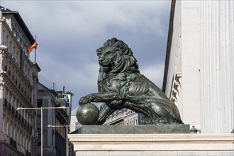 Madrid, Spain, February 24, 2024: Bronze Lion in the Congress of Deputies in Madrid, Europe