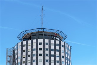 Madrid, Spain, February 7, 2021: La Paz Hospital main building against blue sky, Europe