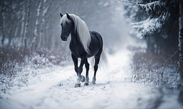 A black horse with white mane and tail is walking on a snowy path. Concept of calmness and