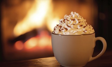 A cup of hot chocolate with whipped cream on top sits on a wooden table next to a fireplace. The