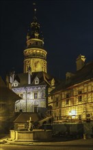 View of Cesky Krumlov castle tower in evening, Czech republic