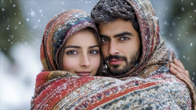 A couple sharing a moment of closeness in the snow, enveloped in colorful shawls, AI generated