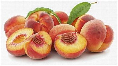 Sliced and whole peaches with leaves, exhibiting vibrant, fresh colors, AI generated