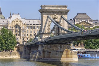 Szechenyi Chain Bridge, the Gresham Palace and the Ministry of Interior, Budapest, Hungary, Europe