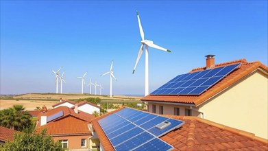 A sunny landscape with wind turbines gently turning in the wind and solar panels installed on